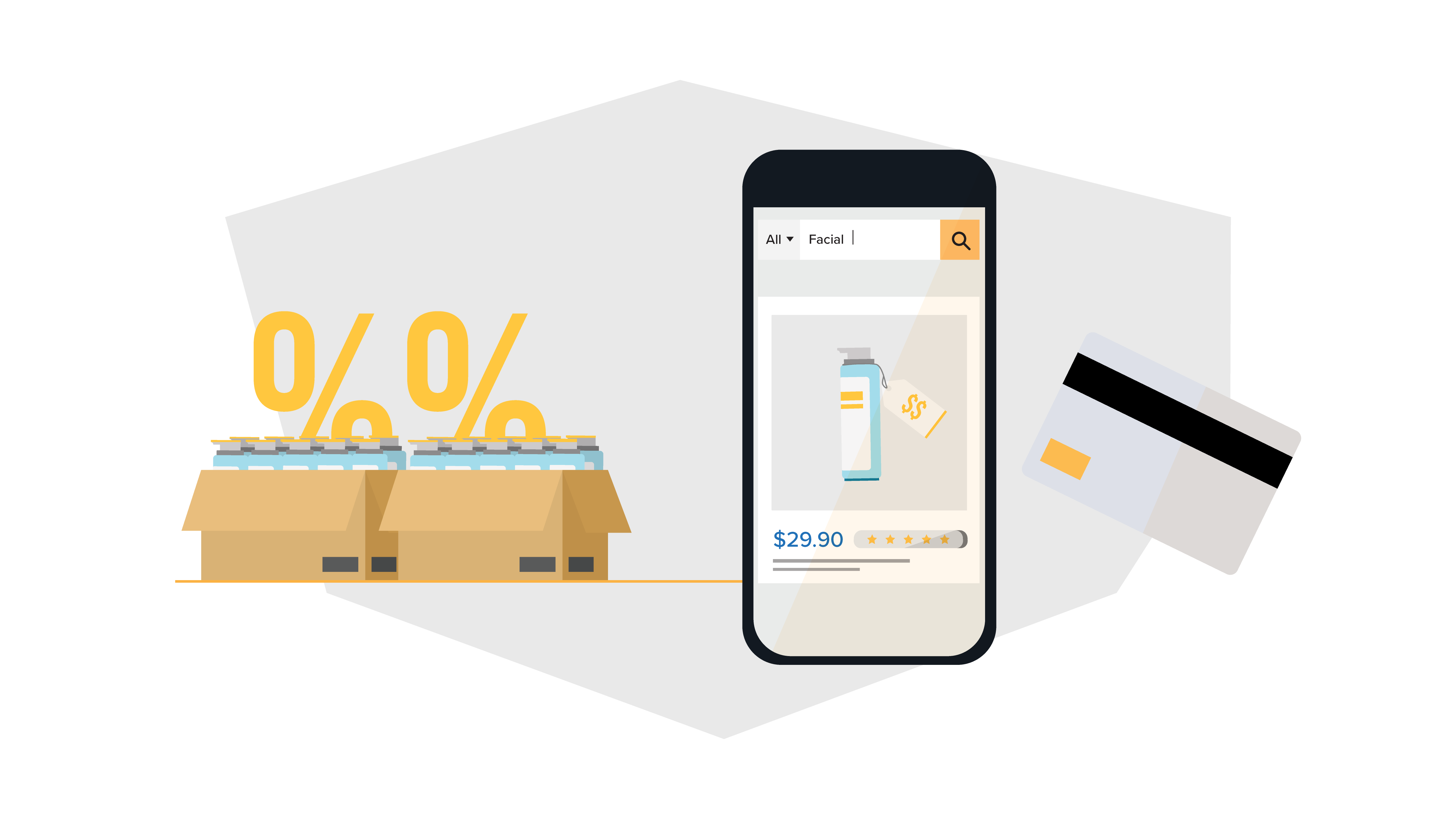 products in boxes next to a mobile phone that shows a product listing and a credit card