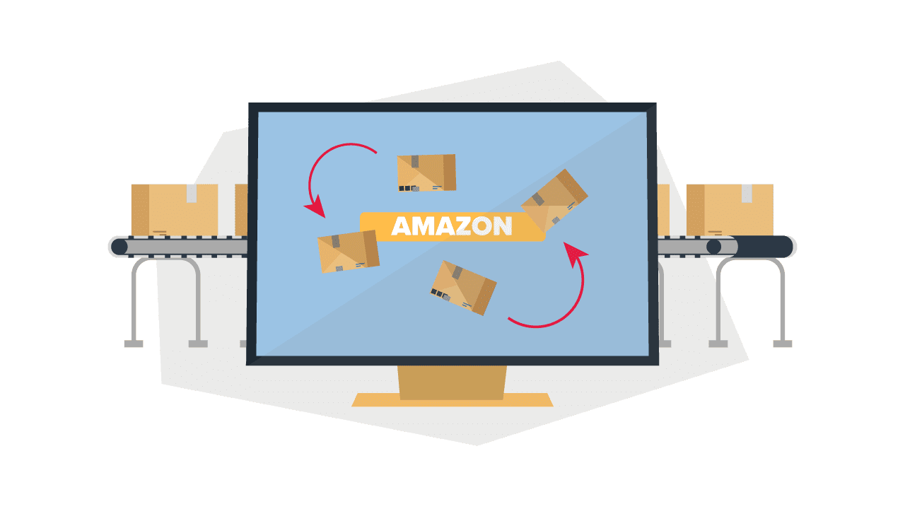 amazon inventory on a computer screen surrounded by boxes on a conveyor belt
