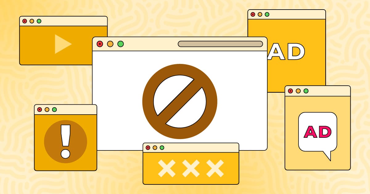 Ads and pop-ups with a warning sign in the middle